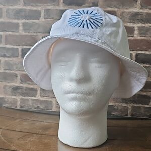 White Bucket Hat with Blue Sunburst Embroidery